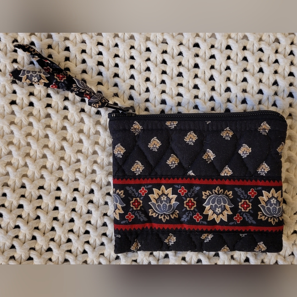 Vera Bradley 100% Cotton Small Zip Pouch/Wallet In Black & Red Lotus Print